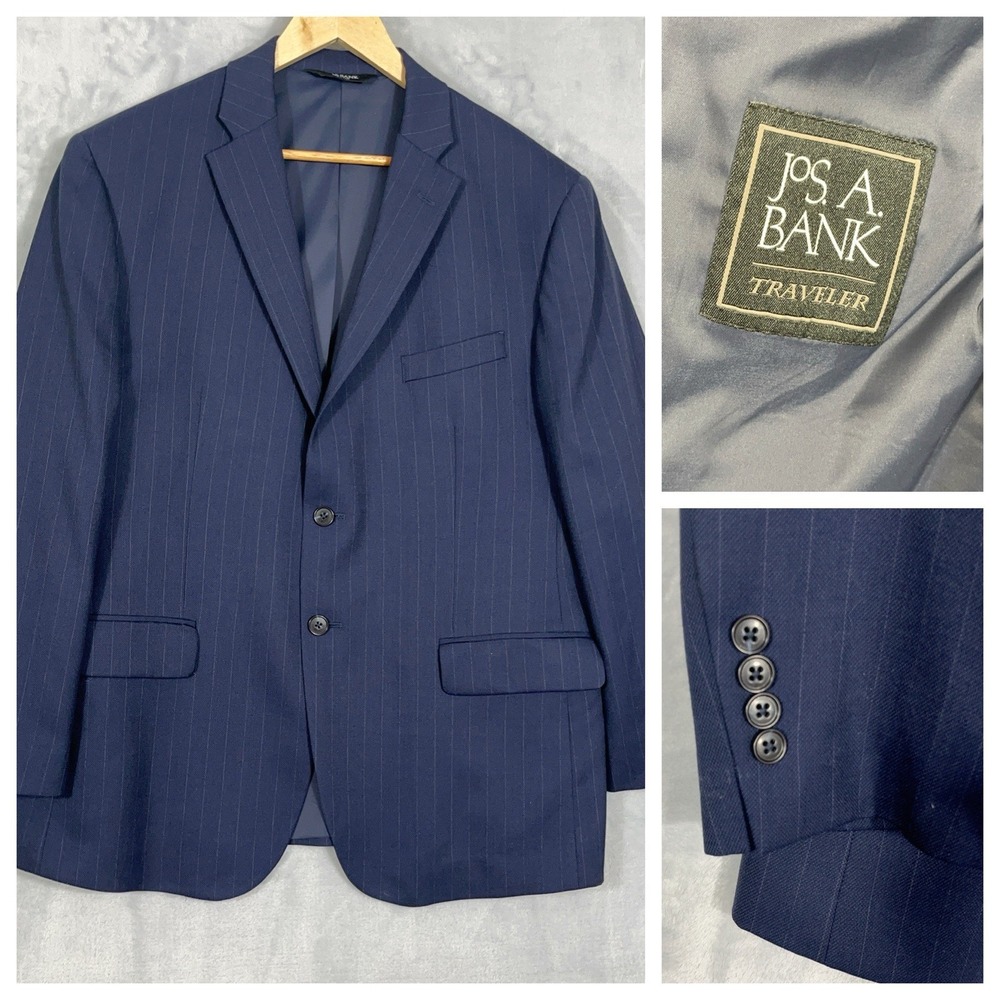 Jos A Bank‎ Traveler Mens Tailored Fit Blazer Sport Coat Navy Pinstripe Wool 44S